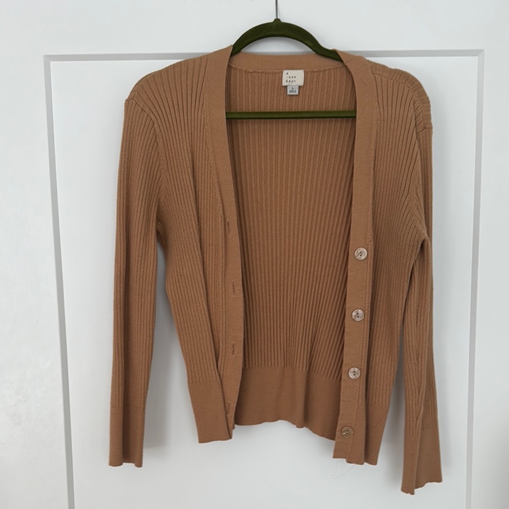 a new day Tan Cardigan Sweater Ribbed Knit V-Neck